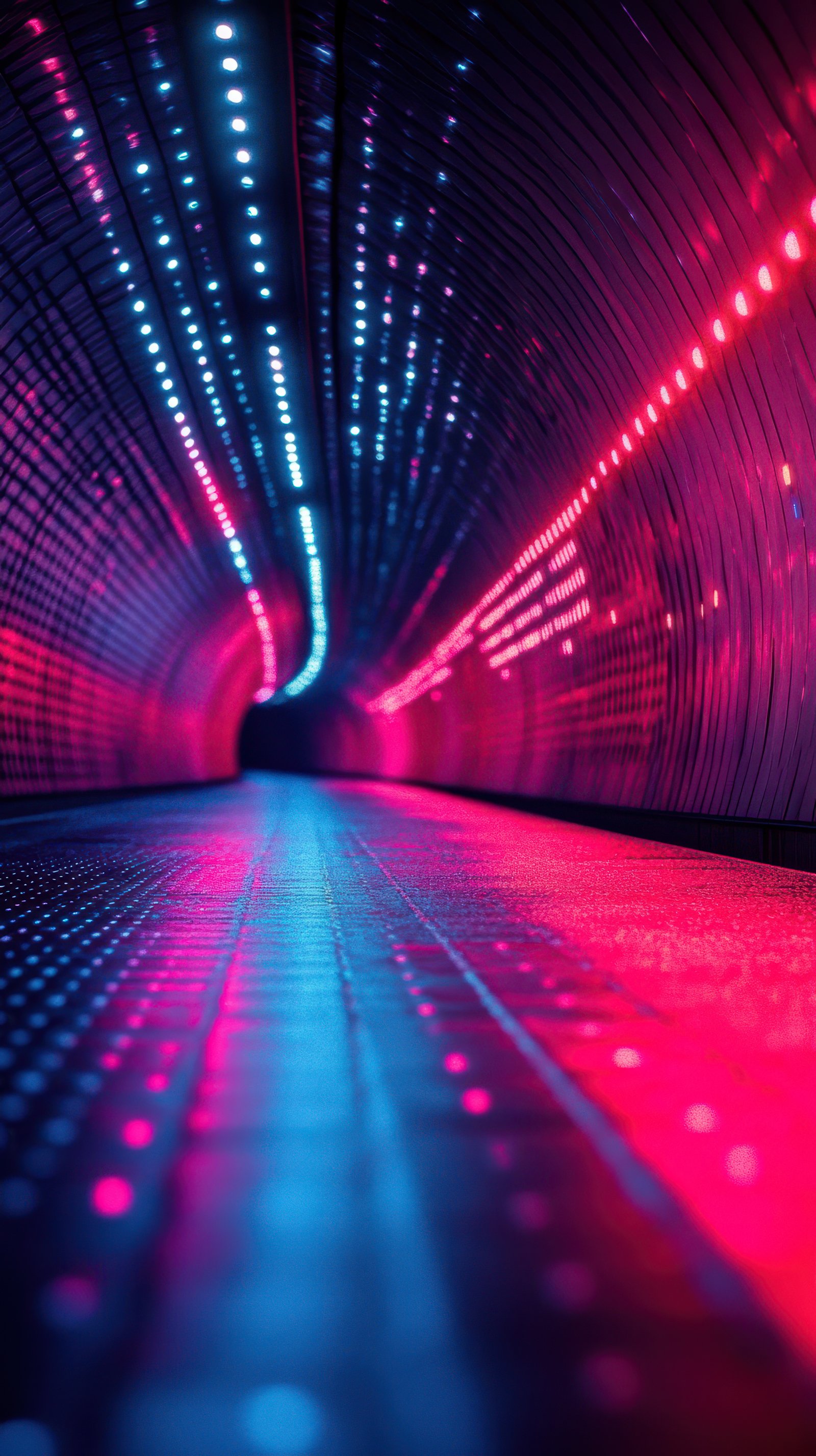 Vibrant LED tunnel illuminated by colorful lights features dynamic patterns in a modern urban setting